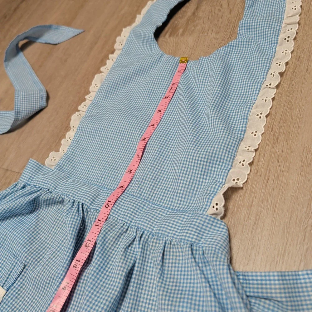 Vintage Handmade Prarie Style‎ Blue Apron Gingham Pinafore Lace Trim Pockets
